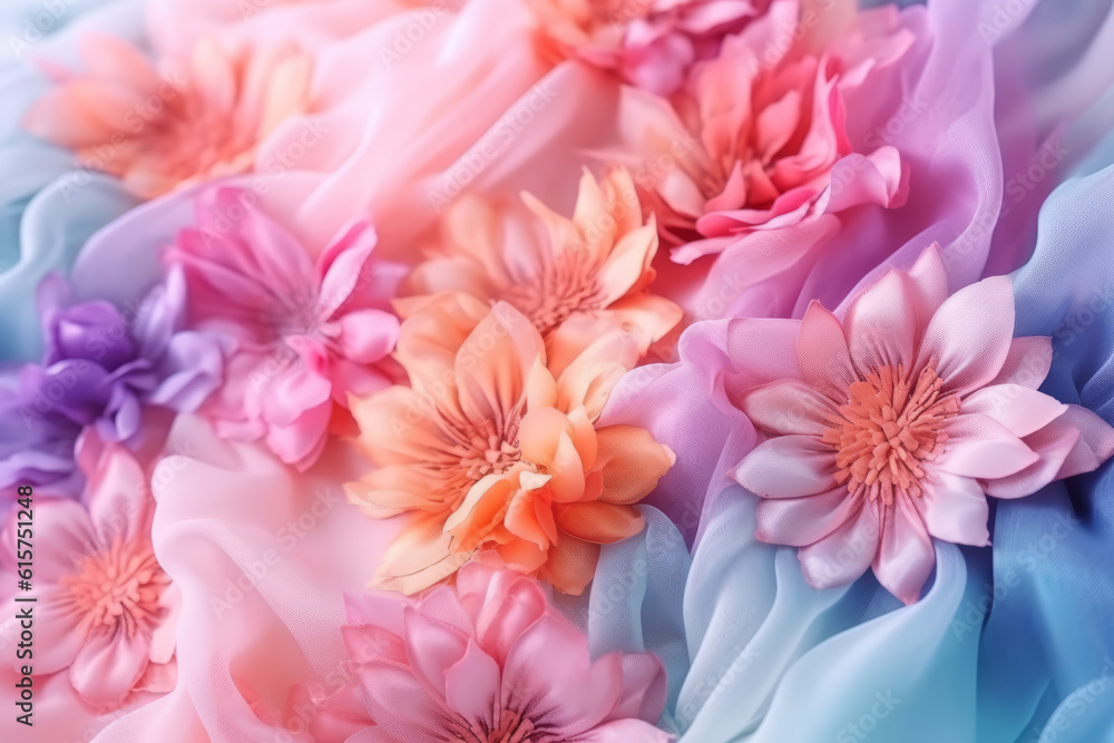 Creative layout made with flowers and pastel color tulle fabric. Spring, nature minimal concept. Fashion background. Generative AI.