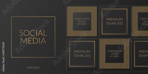3D collage vector image featuring a grid feed of posts. Mockup template perfect for advertising, branding, and social media themes. Black and gold accents create a luxurious and modern look