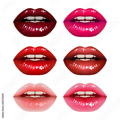 Collection of beautiful 3D illustrations of realistic and glossy lips. Set of beauty and glamour lips, with hot pink and vibrant red shades. Sexy lips symbolize desire and love
