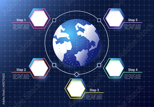 Global communication infographic chart design template. Abstract infochart with copy space. Instructional graphics with 5 step sequence. Visual data presentation. Roboto Medium, Light fonts used photo