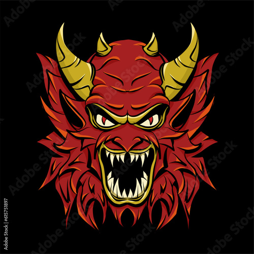Red demon head illustration. Isolated on black background.