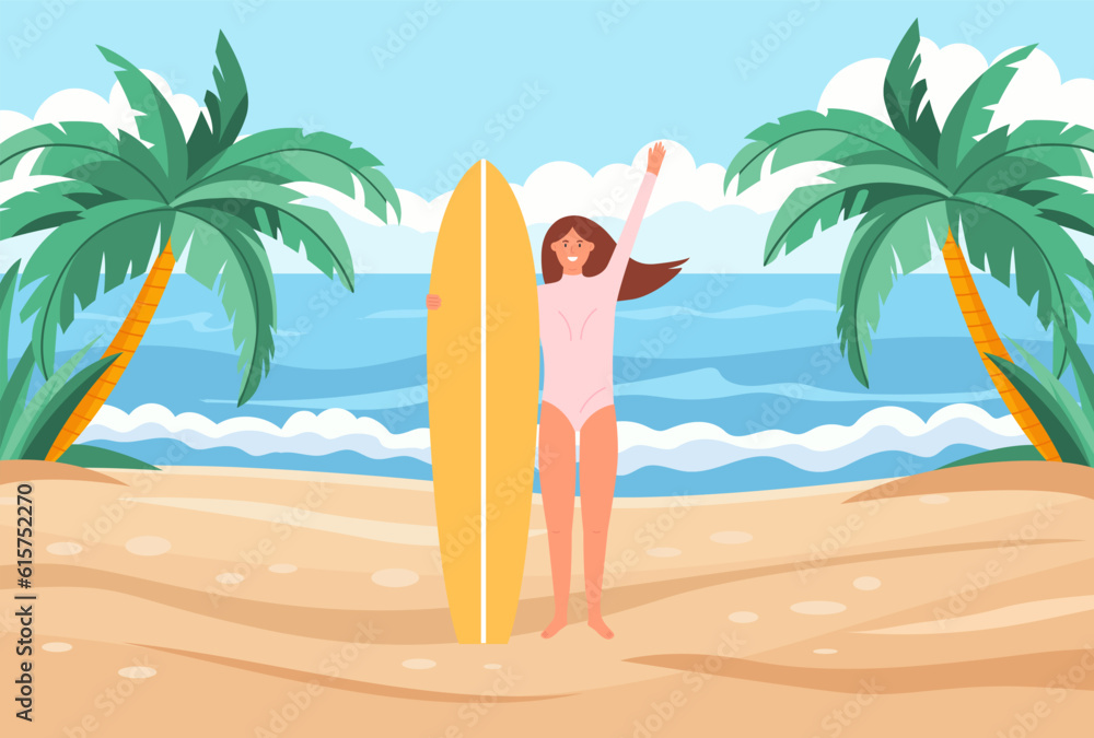 Summer seascape with palm trees, women in swimwear stand on beach with surfboard. Girl surfer on active sport. Horizontal background with scenery view ocean. Vector illustration flat style