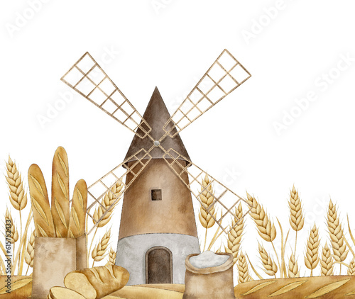 Bakery seamless border with wheat, rye, grains, windmill, rispy French baguettes in craft bag, sliced fresh bread and flour sack. Hand drawn watercolor illustration of ripe cereals. Endless banner for photo