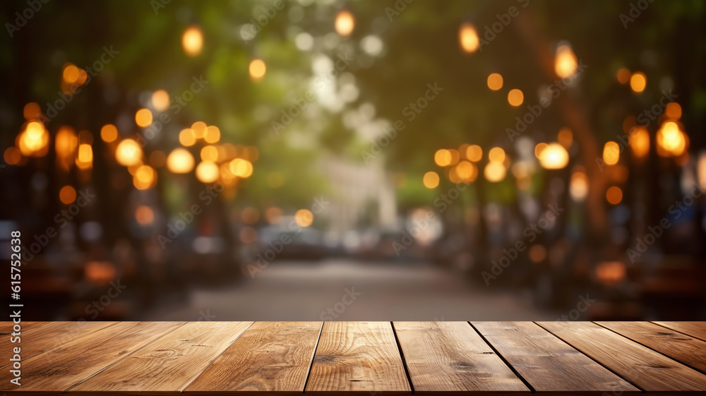 Empty wooden table close-up on the background of a blurred image of a city street. Empty wooden table close-up on the background of a blurred image of a city street.