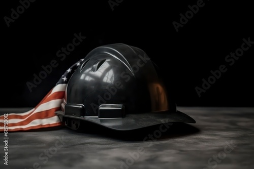 Construction and manufacturing tools with patriotic US, USA, American flag on dark black with copy space background. Generative AI