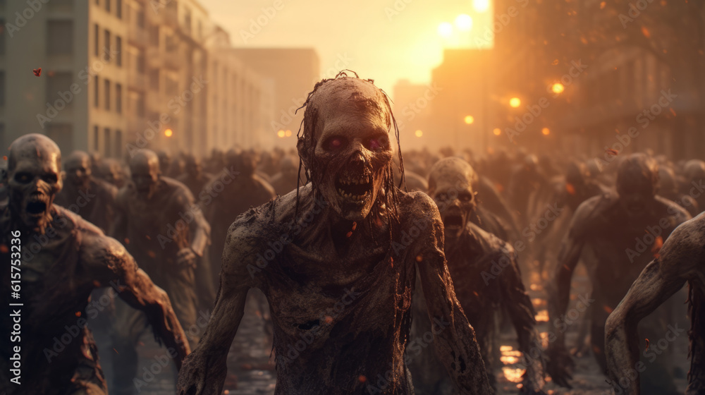 Fototapeta premium Crowd of zombies in a post-apocalyptic city zombie attack going forward