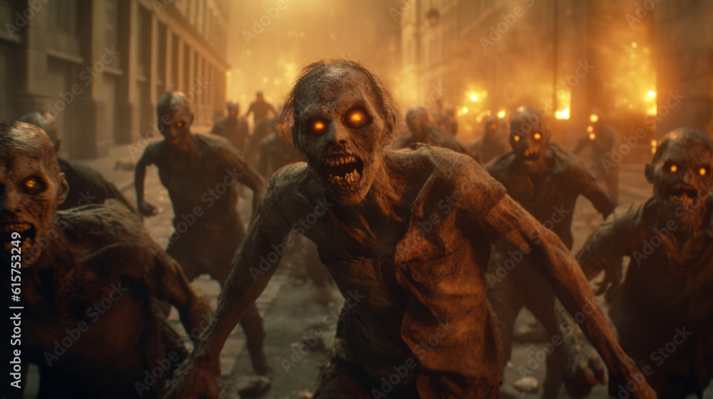 Fototapeta premium Crowd of zombies in a post-apocalyptic city zombie attack going forward