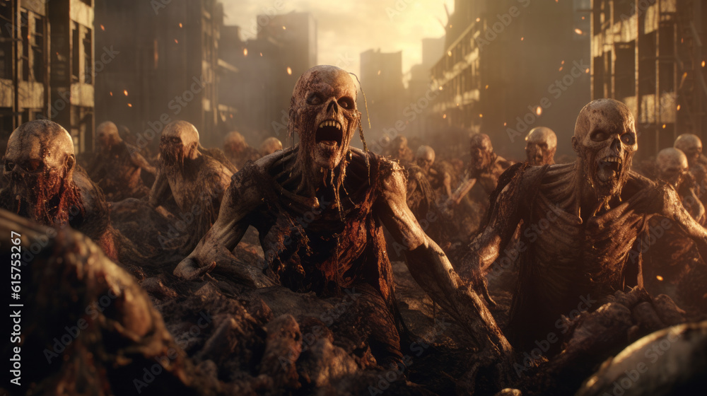 Crowd of zombies in a post-apocalyptic city zombie attack going forward Crowd of zombies in a post-apocalyptic city zombie attack going forward