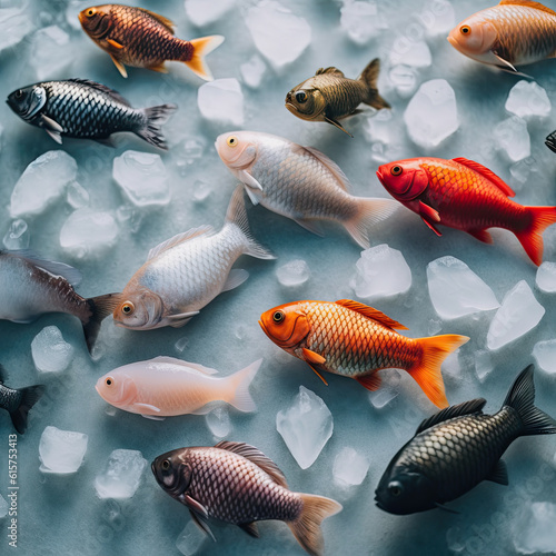 many fish swimming in an ice - filled pool, with the focus on the goldfish's head and tail