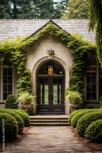 Front Entrance To A Beautiful House With Greenery Beside As A Background
