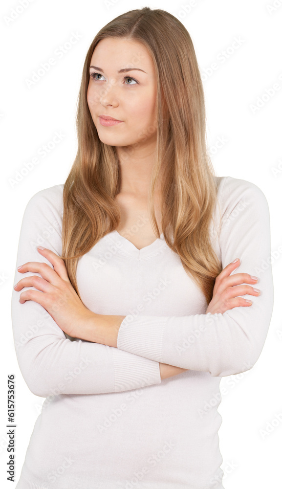 Serious Woman Standing and Thinking with Crossed Arms - Isolated Serious Woman Standing and Thinking with Crossed Arms - Isolated
