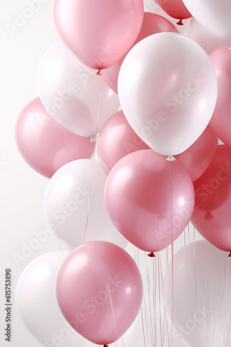 fliegende rosa pinke und weiße Ballons auf hellem Hintergrund. Hochkant. Hochformat. Generative Ai.