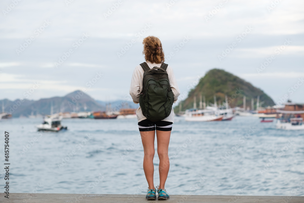 A girl traveler of European appearance, with a backpack, looks at the sea bay with yachts, rear view. A girl traveler of European appearance, with a backpack, looks at the sea bay with yachts, rear view.