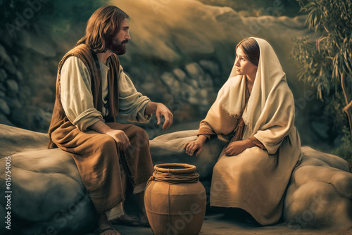 Fényképezés Jesus the Messiah speaking to the Samaritan woman giving hope for eternal life G