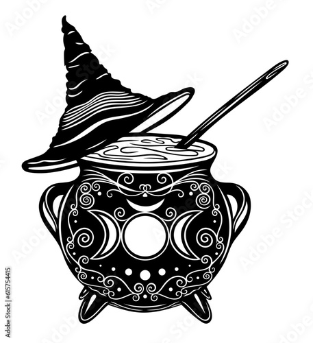 Hexenkessel mit Hexenhut und drei Monde, Triskelion. Vektor für Walpurgisnacht Halloween Samhain. Für Hexen Kräuterfrauen und Green Witch.