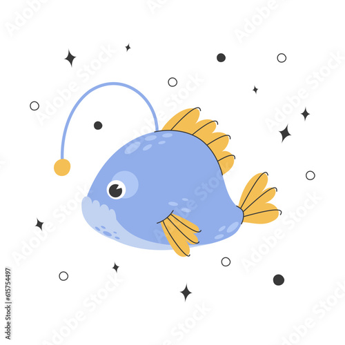 Cute angler fish. Childish illustration of fish with doodle elements. Monkfish living at the bottom of the ocean. Vector illustration on a white background.