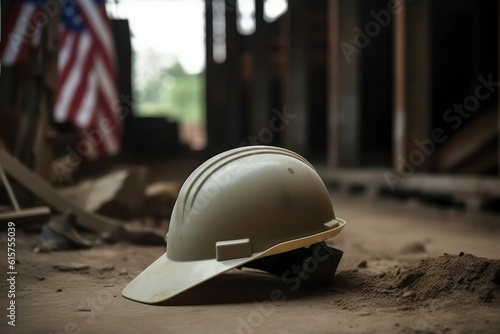 construction site with safety helmet with american flag. Generative AI