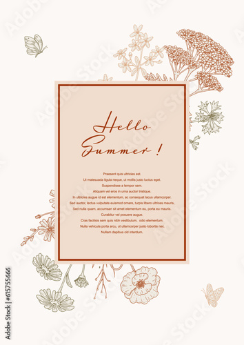 Summer vertical design with wildflowers. Hand drawn vector illustration in sketch style. Social media stories template. Meadow flowers poster. Wedding invitation