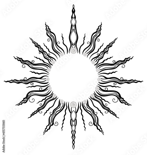 Fineline Sonnen Ornament. Vektor Design für den Sommer, Mittsommer und Sommersonnenwende.