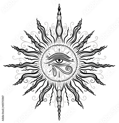Sonne mit Horusauge. Vektor Symbol mit alles sehendem Auge des Horus. Sonnengott der alten Ägypter. 