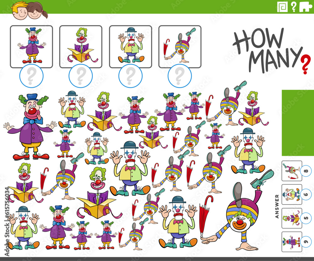Naklejka premium how many cartoon clowns characters counting task
