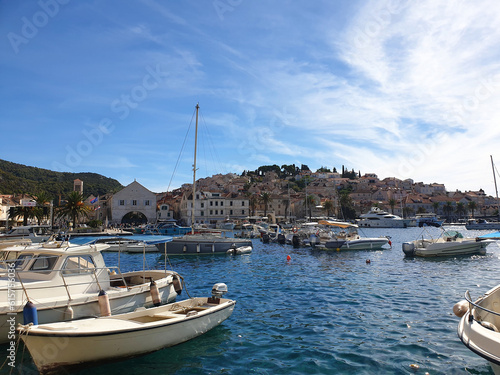 boats in the harbor at Hvar in Croatia