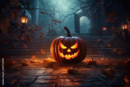 Glowing pumpkin against the backdrop of a spooky forest with a house .Cemetery.Halloween party with pumpkins. Halloween night in fantasy style.Generative AI