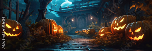 Glowing pumpkins against the backdrop of a spooky forest with a house .Cemetery.Halloween party with pumpkins. Halloween night in fantasy style. Banner.Generative AI