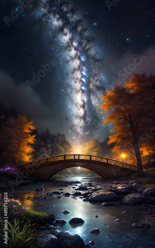 Luxurious shining blue light milky way galaxy over bridge in scenic environment