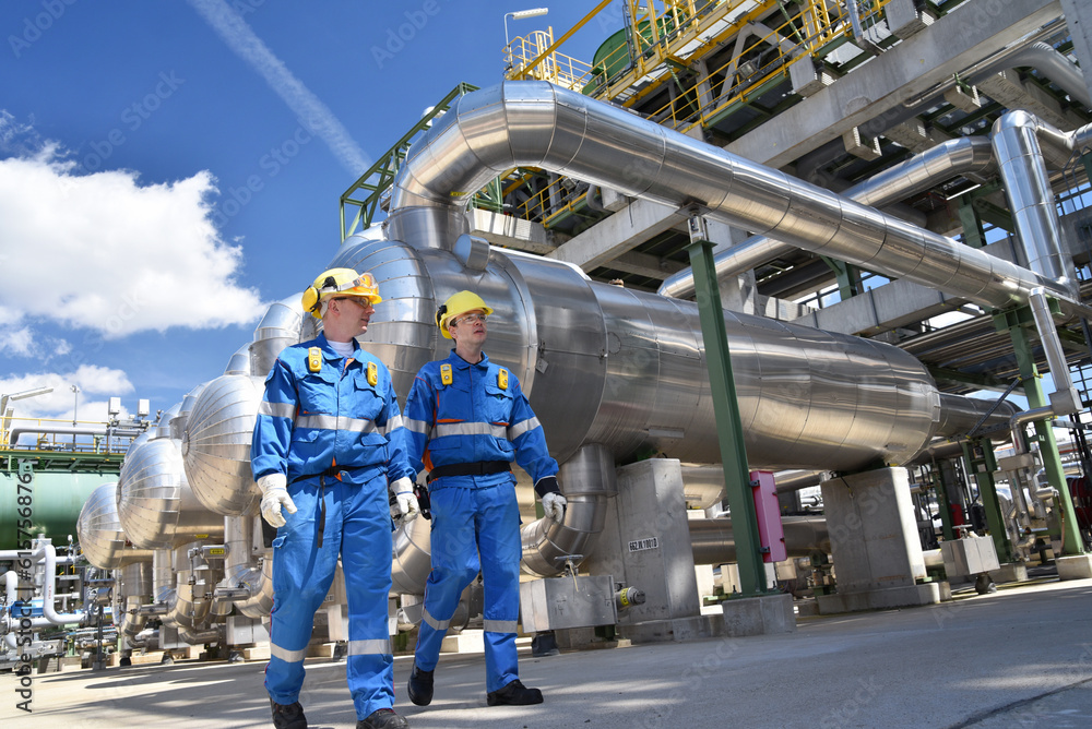group of workers professional equipment in a petroleum refinery - modern buildings and industrial facilities for the production of fuel and gas