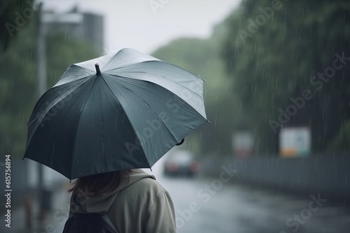 Woman walking on rainy day with umbrella. Without face. Bad weather concept. 