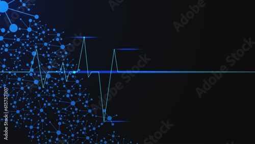 Healthcare heart with cardio pulse and molecules for medical background. Heart wave shows the rhythm of the heart on dark blue background.