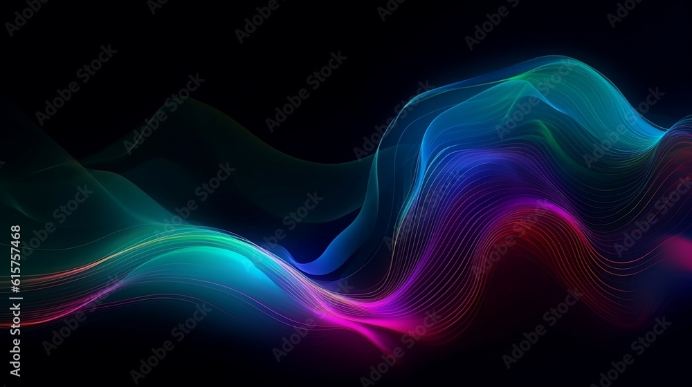 Obraz premium An abstract fluid iridescent holographic neon curved wave in motion is showcased in a gradient design background. Generative AI