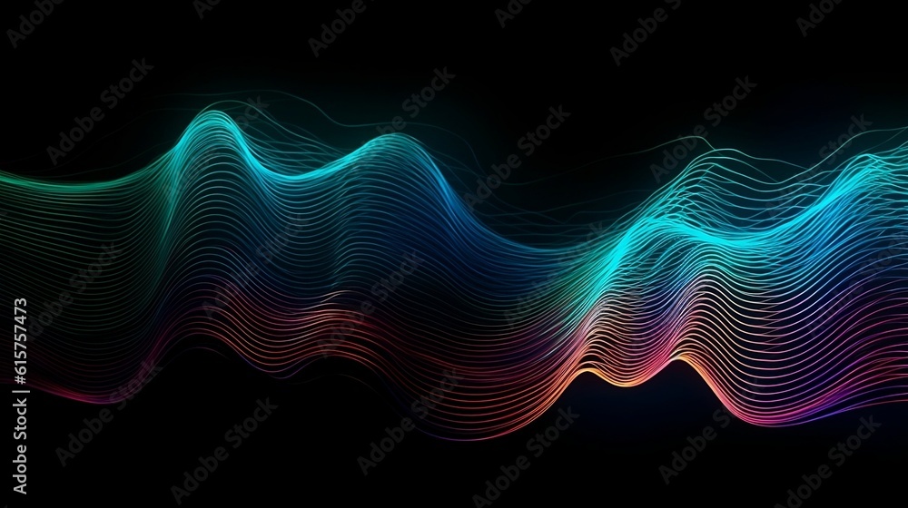 An abstract fluid iridescent holographic neon curved wave in motion is showcased in a gradient design background. Generative AI An abstract fluid iridescent holographic neon curved wave in motion is showcased in a gradient design background. Generative AI