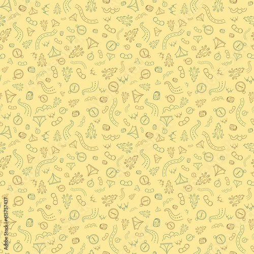 Travel and summer seamless pattern, journey and trip background. Adventure time pattern in hand draw style, vector sketch elements on repeatable pattern.