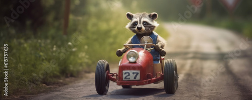 Raccoon driving a toy car on the road in the forest (ai generated)