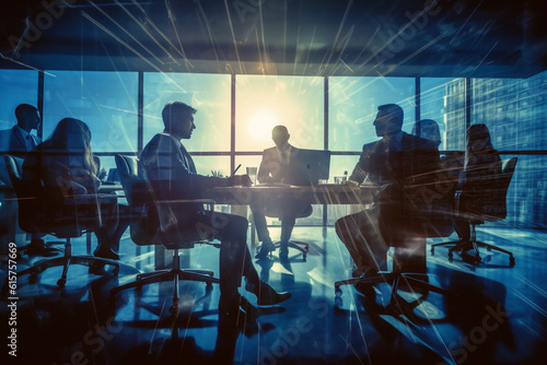 Silhouette of business people work together in office. Concept of teamwork and partnership. double exposure with light effects. AI generatyve.