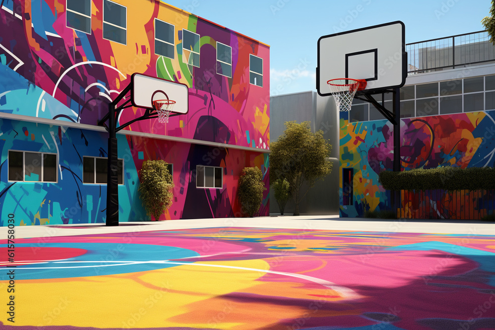 A vibrant outdoor basketball court featuring colorful graffiti art on