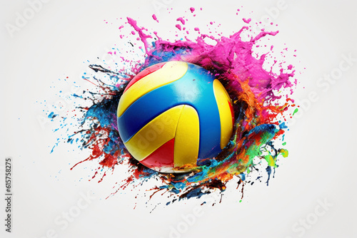 A captivating image of a volleyball covered in splashes of colorful paint, showcasing the athleticism and teamwork associated with the sport. Generative AI technology. photo