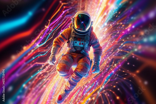 A captivating digital artwork depicting a cosmonaut floating in zero gravity, with colorful rainbow streaks following their movement. Generative AI technology.