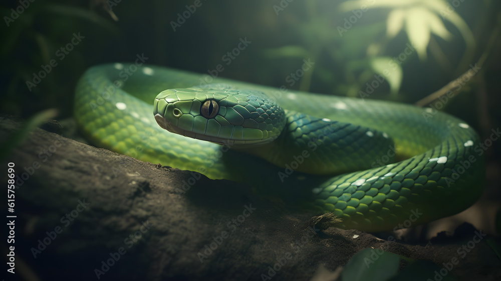 Fototapeta premium The Green Mamba of the Tropical Forest. Generative AI