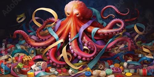 Whimsical octopus playfully tangled in colorful assortment of ribbons, concept of Organic unity, created with Generative AI technology