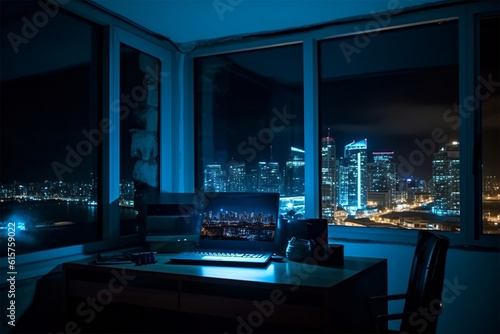 workspace, desk with laptop computer view downtown. generated ai