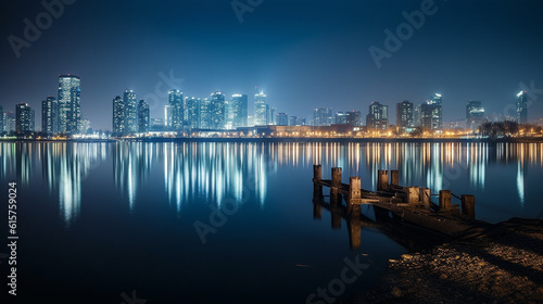 city skyline at night, downtown. generated ai