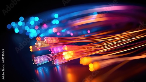 colored electric cables and led. optical fiber, intense colors, background for technology image and new business trends created generative ai