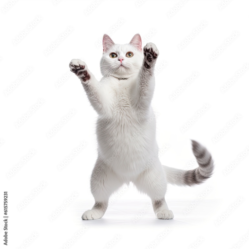 Funny dancing cat on white background. The cat stands on its hind legs in full height, as if dancing or drunk. Generative AI
