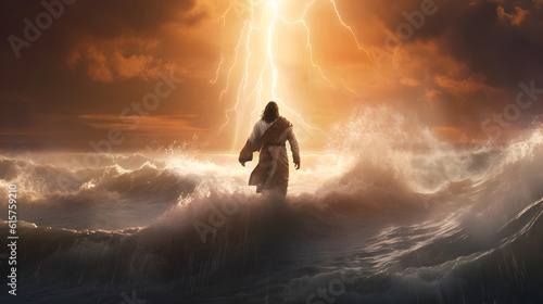 Jesus Christ walking on water. Thunderstorm with huge waves. AI generated