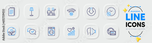 Floor lamp, Web photo and Copy files line icons for web app. Pack of Heart beat, Teamwork, Approved pictogram icons. Incubator, Face id, Download arrow signs. Washing machine, 5g wifi. Vector