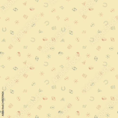 Cowboy freehand drawings seamless pattern. Wild west pattern in doodle style. Hand drawn elements doodles design for wallpapers, wrapping, textile prints, backgrounds. Vector illustration.