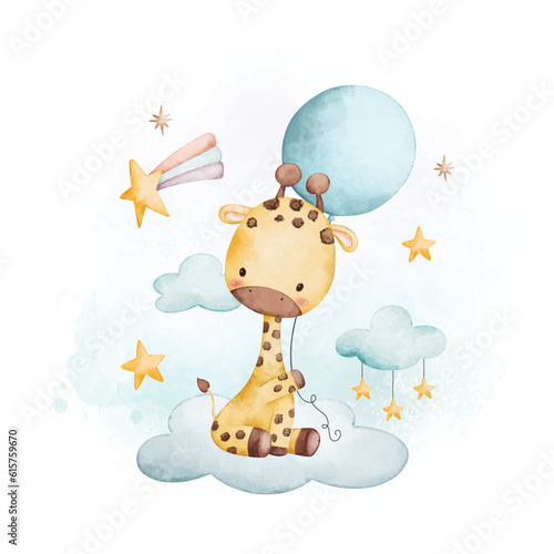 Watercolor illustration baby giraffe and balloon sits on cloud with stars